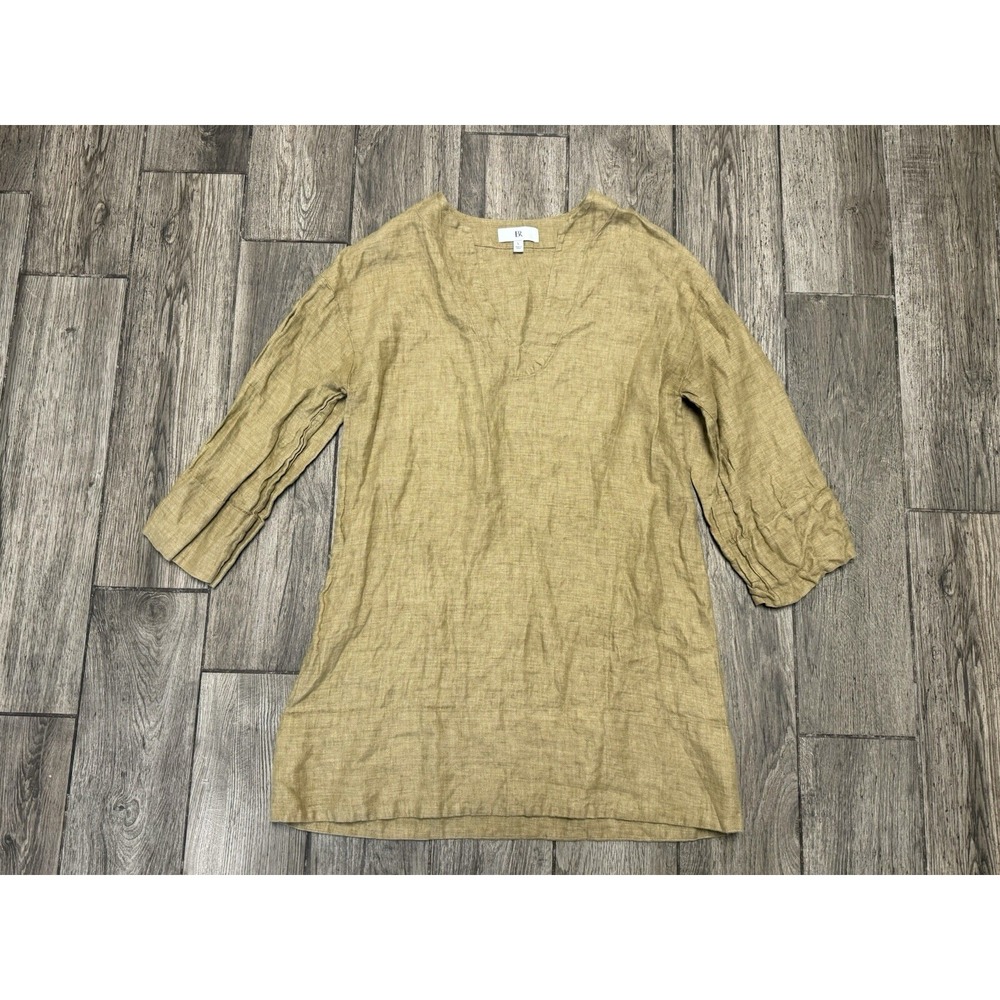 Banana Republic Womens Large Linen Tunic V Neck 3/4 Sleeve Brown / Dark Mustard